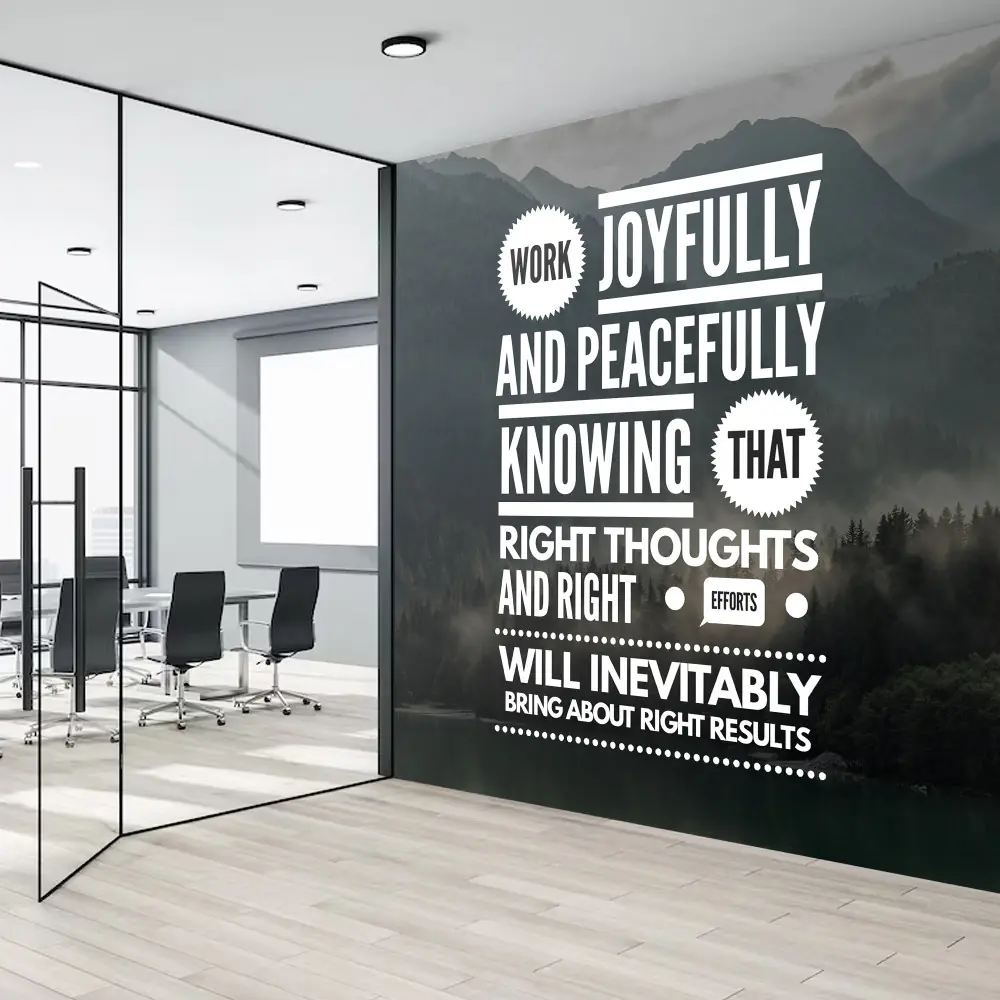 Adhesive wall fabric, sample motivational typographic mural covering an office wall