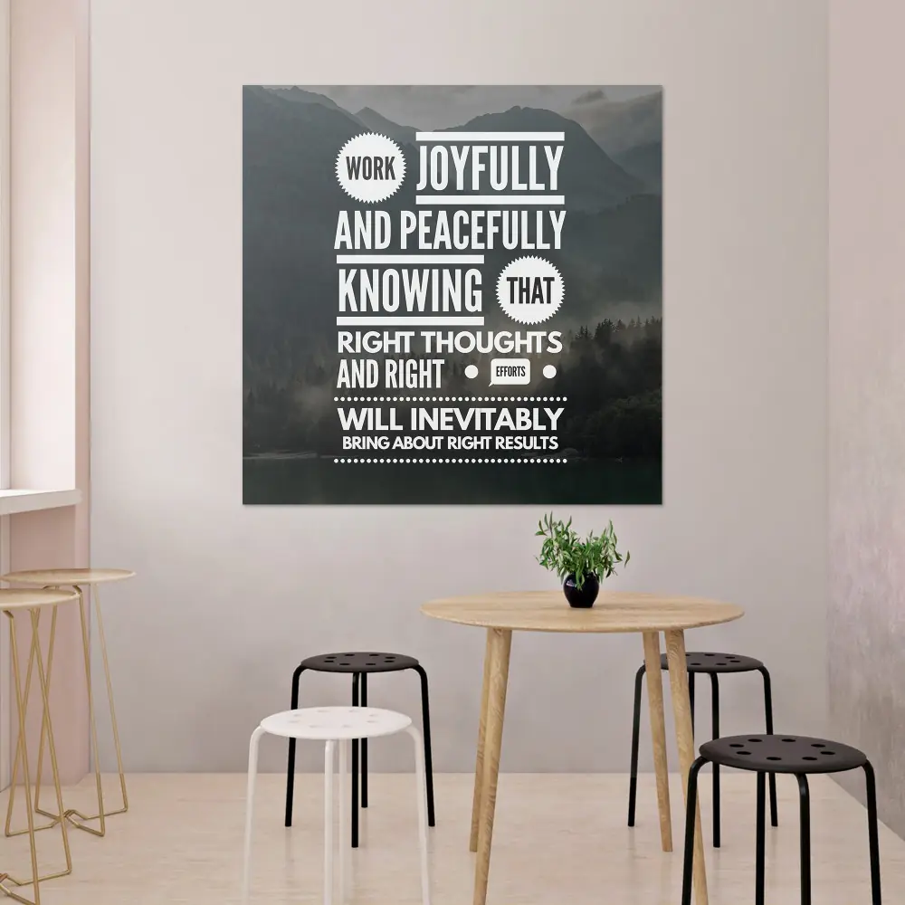 Adhesive wall fabric, square sample typographic print on a cafe wall above a small table