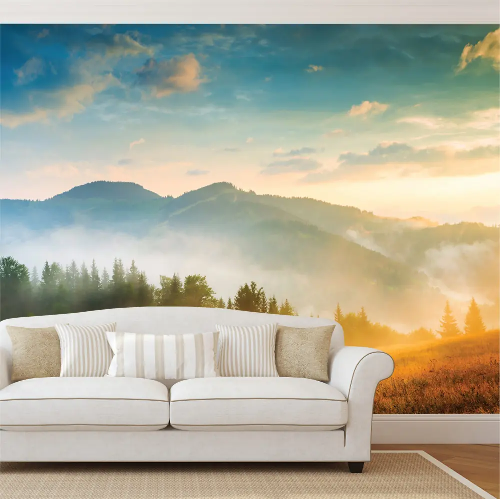 Adhesive wall fabric, sample mountain landscape mural covering a living room wall behind a sofa